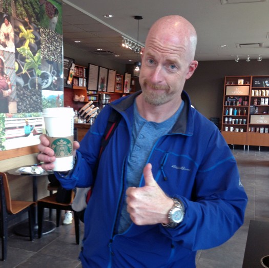 First things first: Duane Barker from the Huntsman Marine Science Centre in St. Andrews NB heads to Starbucks for a badly-needed coffee. One more flight until he's home.