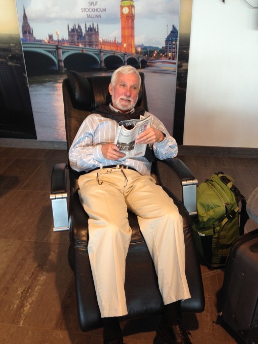 St. Andrews Mayor Stan Choptiany tries out this comfy chair in the Trondheim airport. We need these at our airport in Saint John!